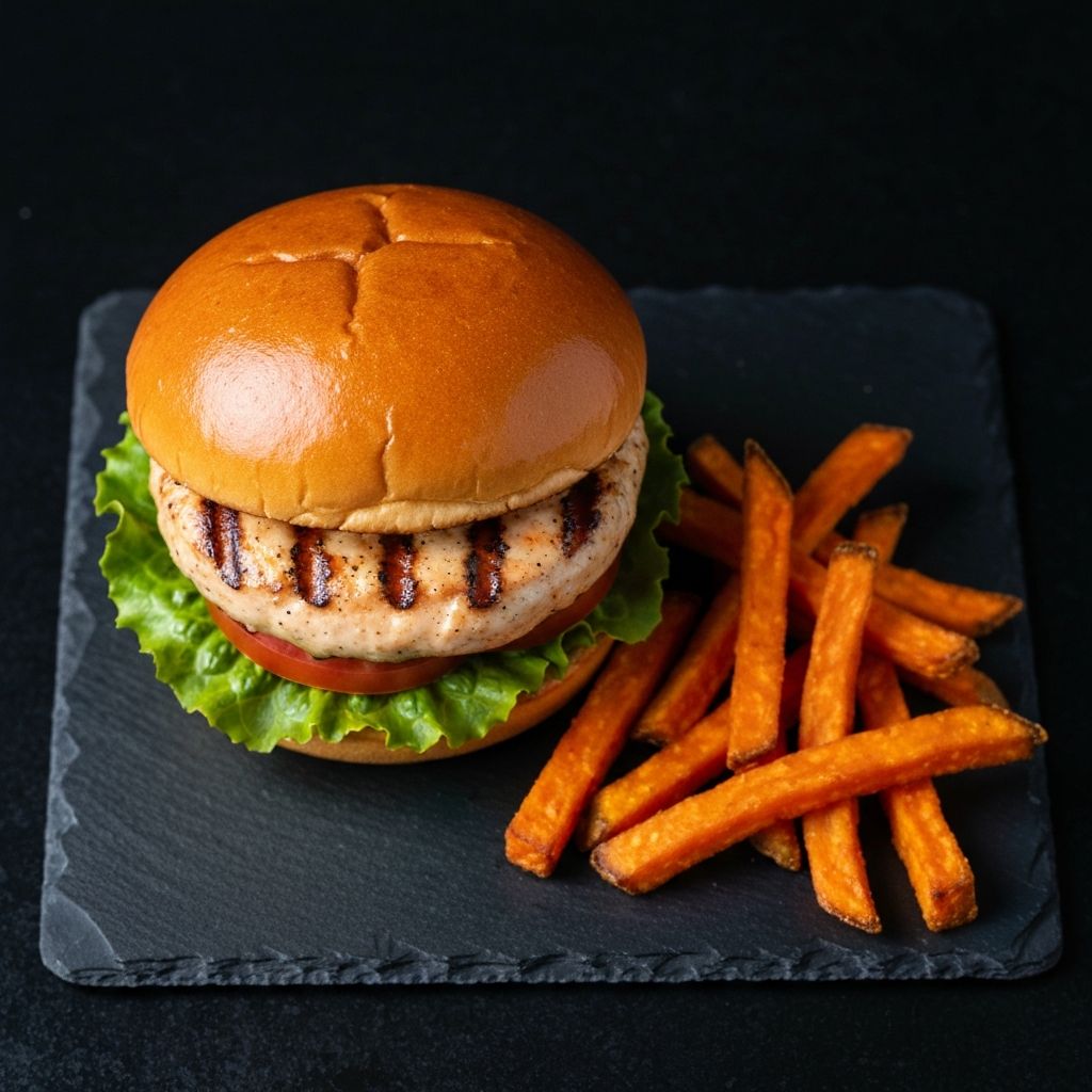 Chicken burger with sweet potato fries